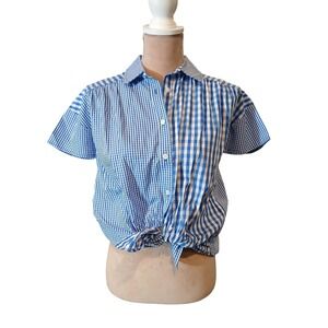 Copper Key Womens Blue Gingham Tie Front Short Sleeve Button Down  Cabin
